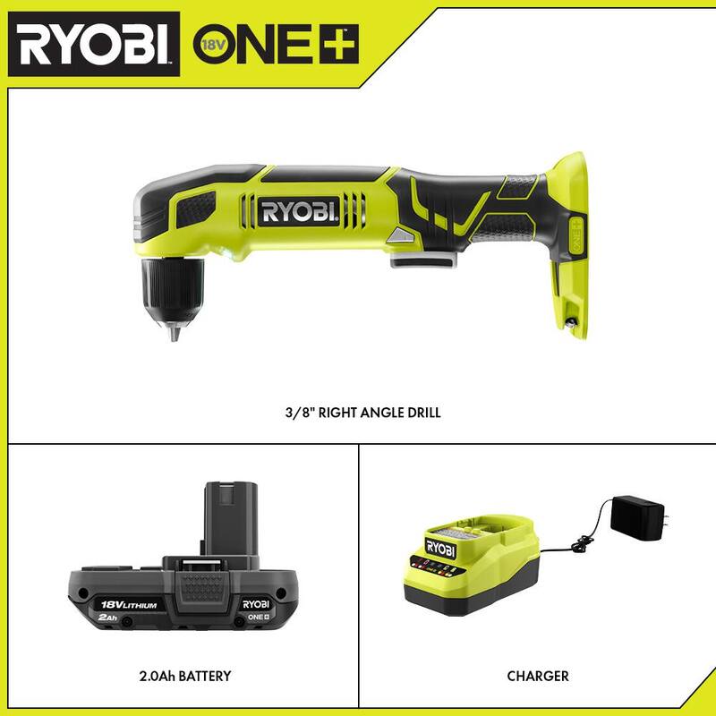 RYOBI ONE+ 18V Taladro angular derecho inalámbrico de 3/8 pulgadas con batería de 2.0 Ah y cargador - P241-PSK005