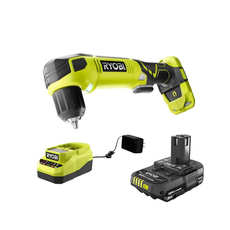 RYOBI ONE+ 18V Taladro angular derecho inalámbrico de 3/8 pulgadas con batería de 2.0 Ah y cargador - P241-PSK005