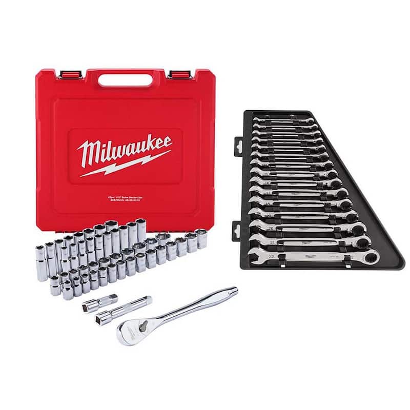 Juego de herramientas de mecánica con trinquete y dados de 1/2 pulgadas en sistema SAE/métrico de Milwaukee con juego de llaves de trinquete combinadas métricas (62 piezas) - 48-22-9010-48-22-9516.