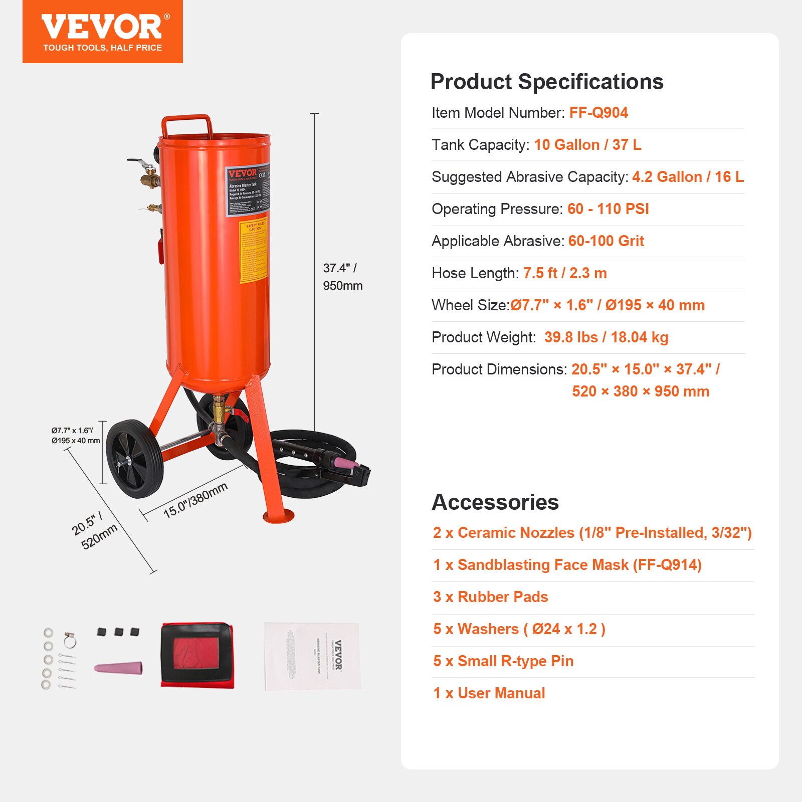 Chorro de arena de 10 galones VEVOR, 60-110 PSI 25-CFM Chorro de arena PSG10JL6125PCA4TFV0