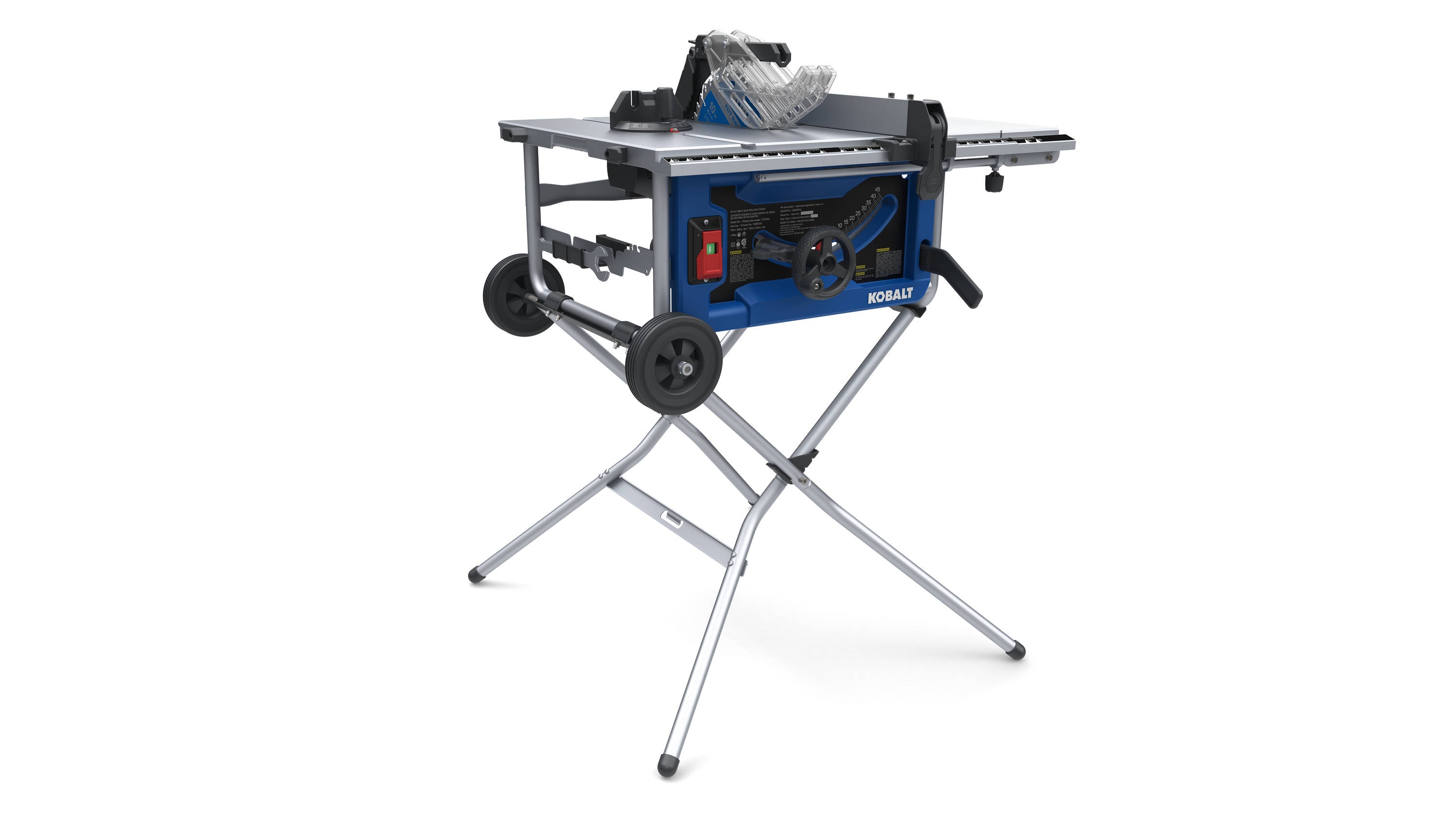 Sierra de mesa portátil para sitio de trabajo Kobalt de 10 pulgadas, 15 amperios y 120 voltios con base plegable TS10302