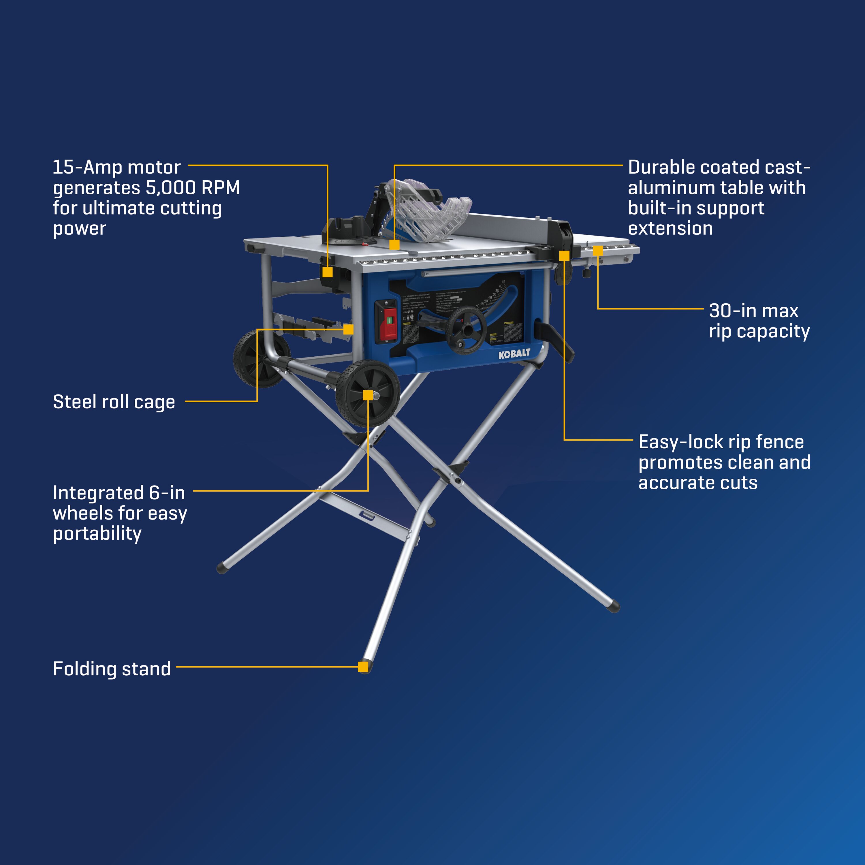 Sierra de mesa portátil para sitio de trabajo Kobalt de 10 pulgadas, 15 amperios y 120 voltios con base plegable TS10302
