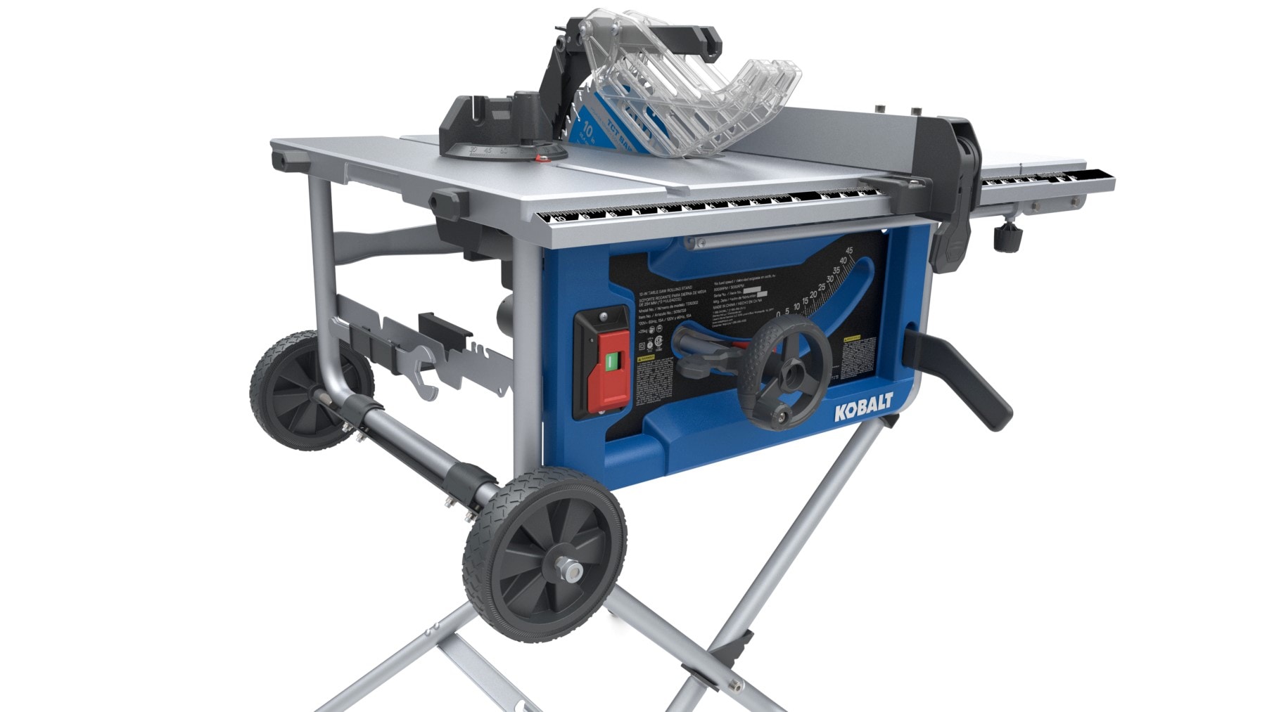 Sierra de mesa portátil para sitio de trabajo Kobalt de 10 pulgadas, 15 amperios y 120 voltios con base plegable TS10302