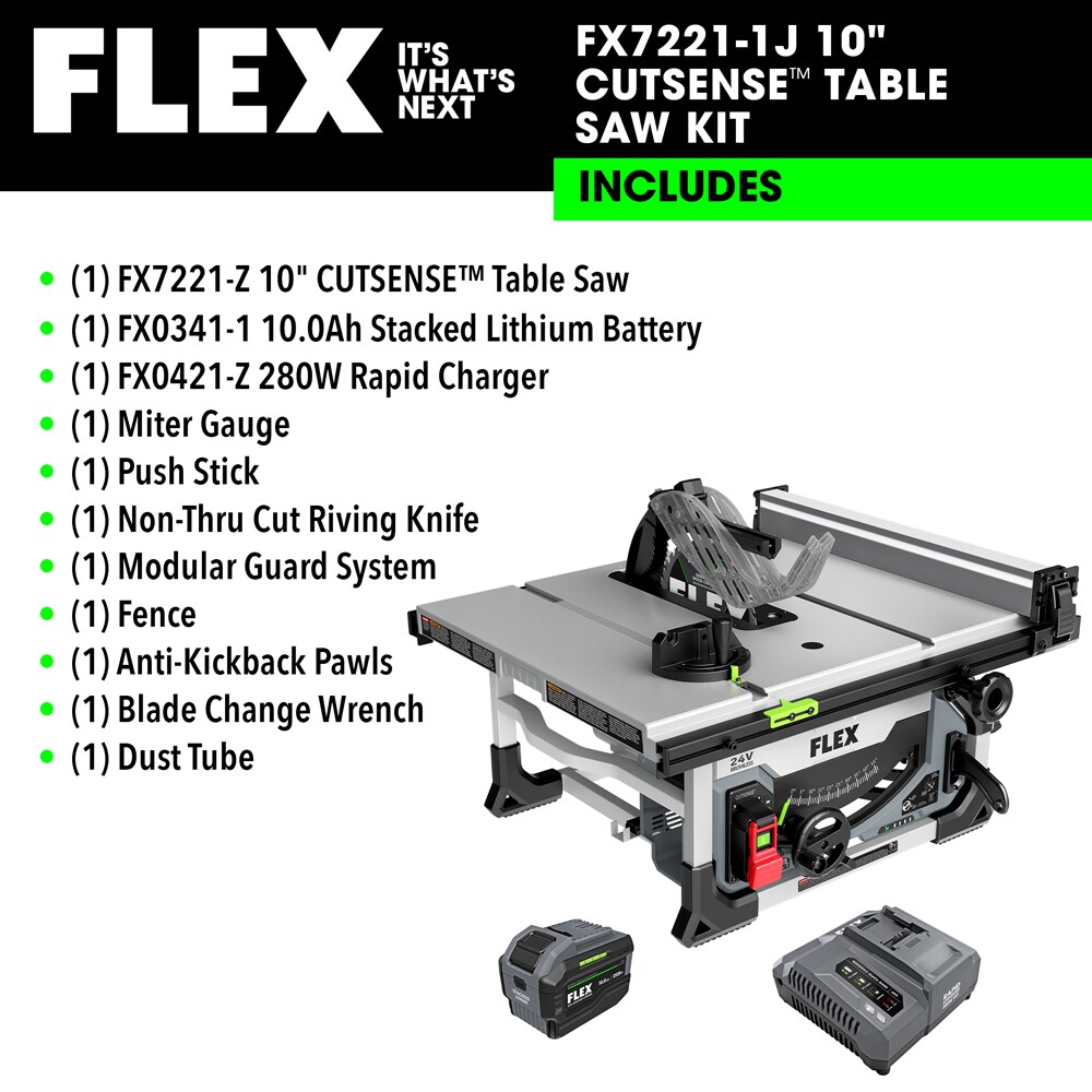 Sierra de mesa portátil híbrida FLEX STACKED LITHIUM de 10 pulgadas a 24 voltios para trabajos en el lugar de trabajo FX7221-1J