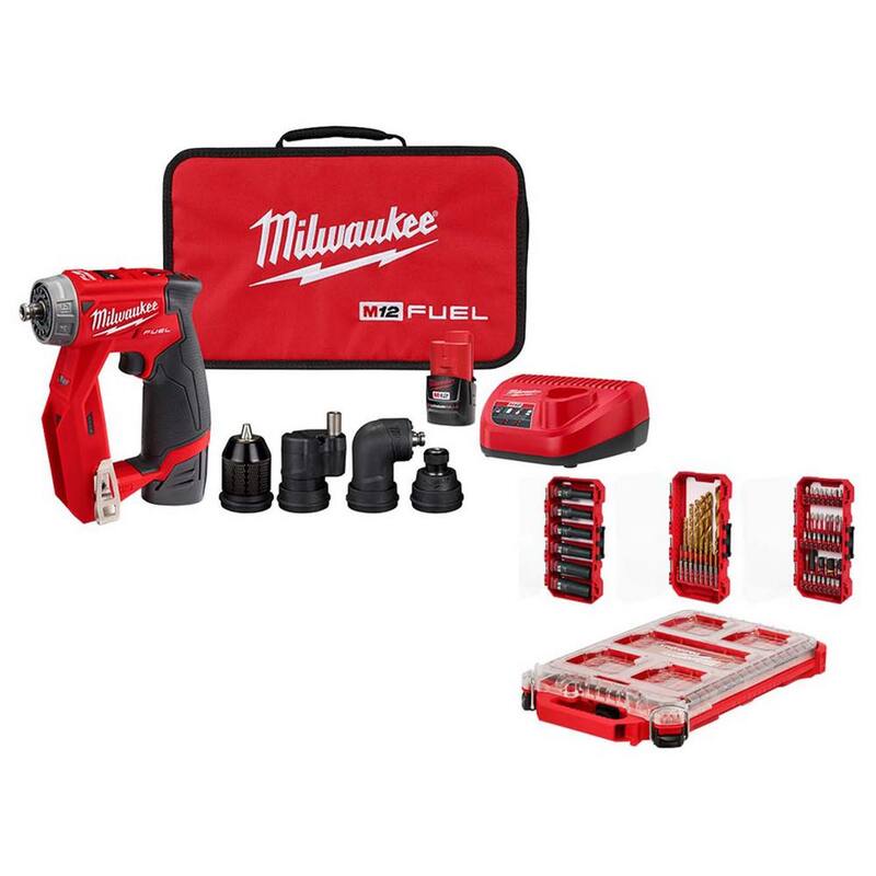 Milwaukee M12 FUEL 12V Li-Ion Inalámbrico sin escobillas 4 en 1 Kit de taladro destornillador de instalación de 3/8 in, 4 cabezales y set de brocas PACKOUT (60 piezas) - 2505-22-48-32-5162.