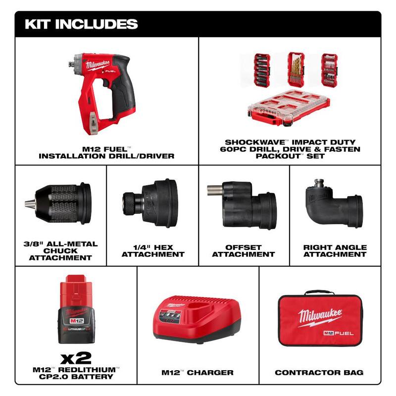 Milwaukee M12 FUEL 12V Li-Ion Inalámbrico sin escobillas 4 en 1 Kit de taladro destornillador de instalación de 3/8 in, 4 cabezales y set de brocas PACKOUT (60 piezas) - 2505-22-48-32-5162.