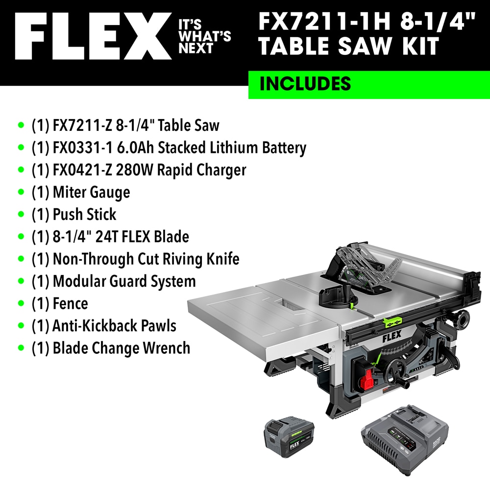 Sierra de mesa portátil híbrida de banco apilado de litio FLEX 8.25 pulgadas 24 voltios FX7211-1H