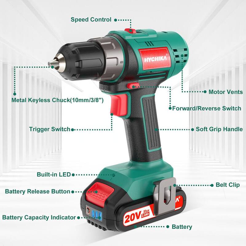 HYCHIKA Taladro/destornillador compacto inalámbrico de 20 voltios MAX 3/8 in, juego de taladro eléctrico 330 libras de torsión 2.0Ah batería, cargador y bolso - DD18F