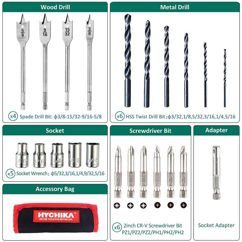HYCHIKA Taladro/destornillador compacto inalámbrico de 20 voltios MAX 3/8 in, juego de taladro eléctrico 330 libras de torsión 2.0Ah batería, cargador y bolso - DD18F