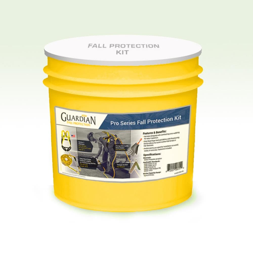 Kit completo de protección contra caídas Guardian Fall Protection - Arnés de cuerpo completo, punto de anclaje, línea de vida, porta guantes - Amarillo, grande 20815