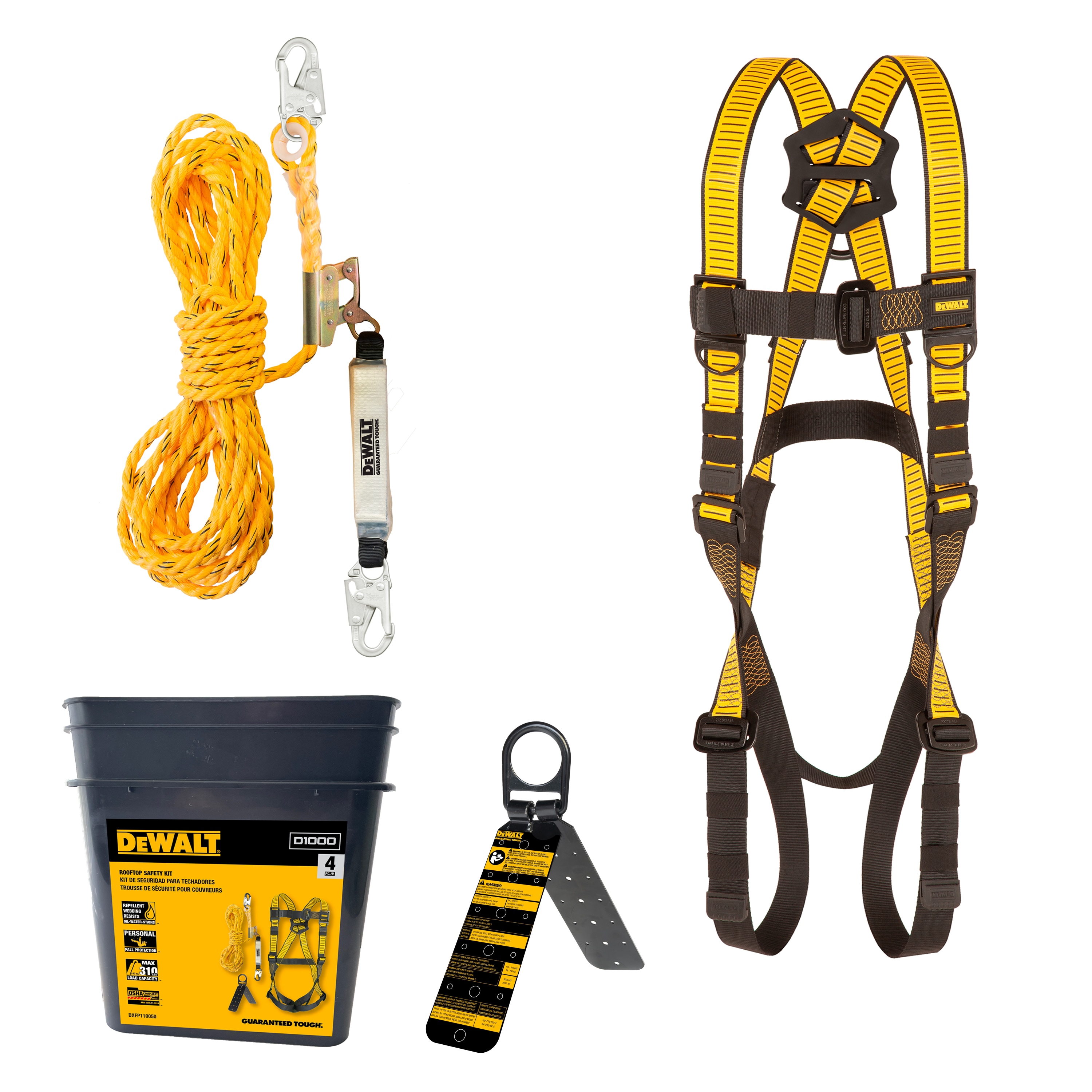 Kit de seguridad para tejados Dewalt incluye Arnés D1000 con patas Pt, línea de vida vertical de 50' con ajustador de cuerda y anclaje reutilizable para tejados DXFP110050