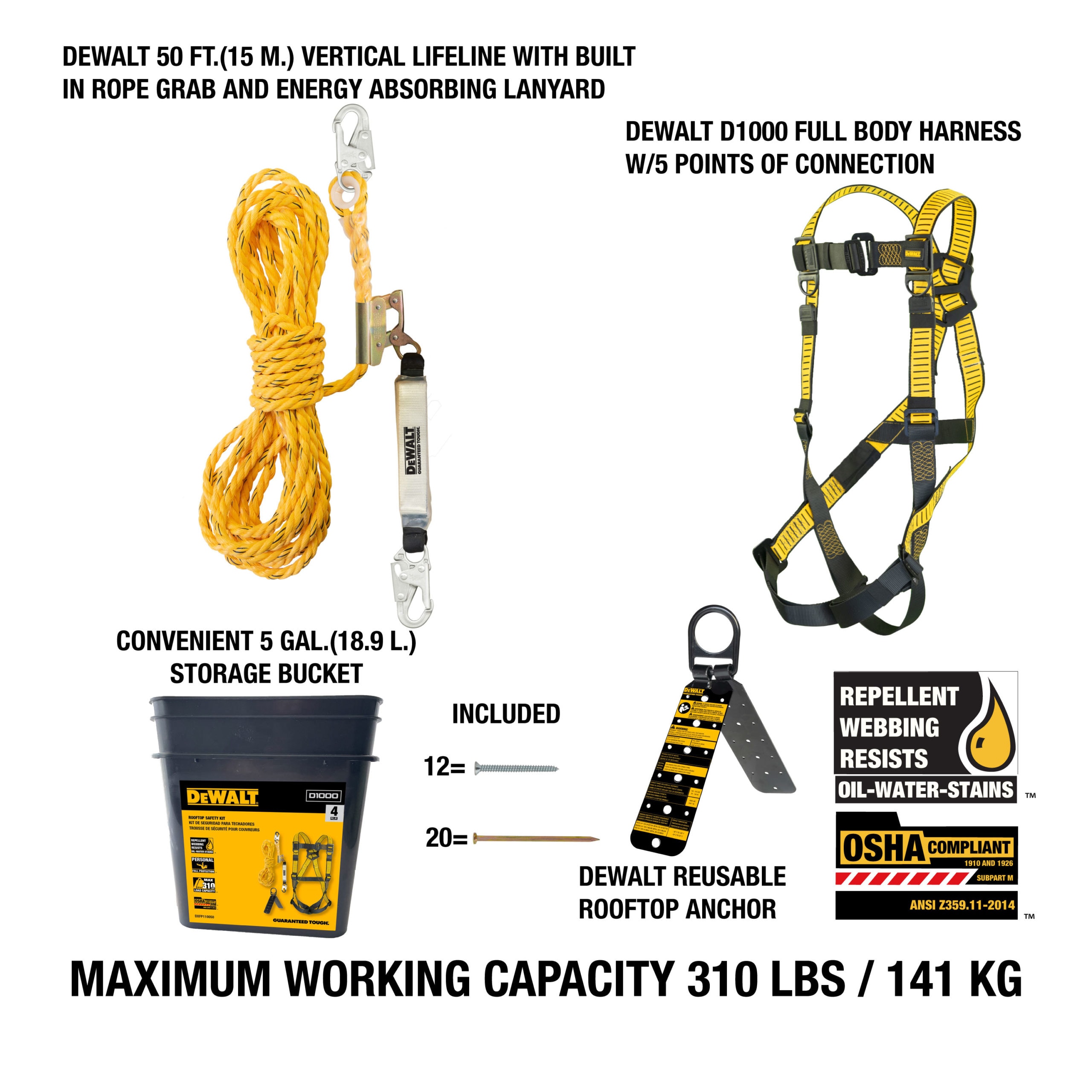 Kit de seguridad para tejados Dewalt incluye Arnés D1000 con patas Pt, línea de vida vertical de 50' con ajustador de cuerda y anclaje reutilizable para tejados DXFP110050