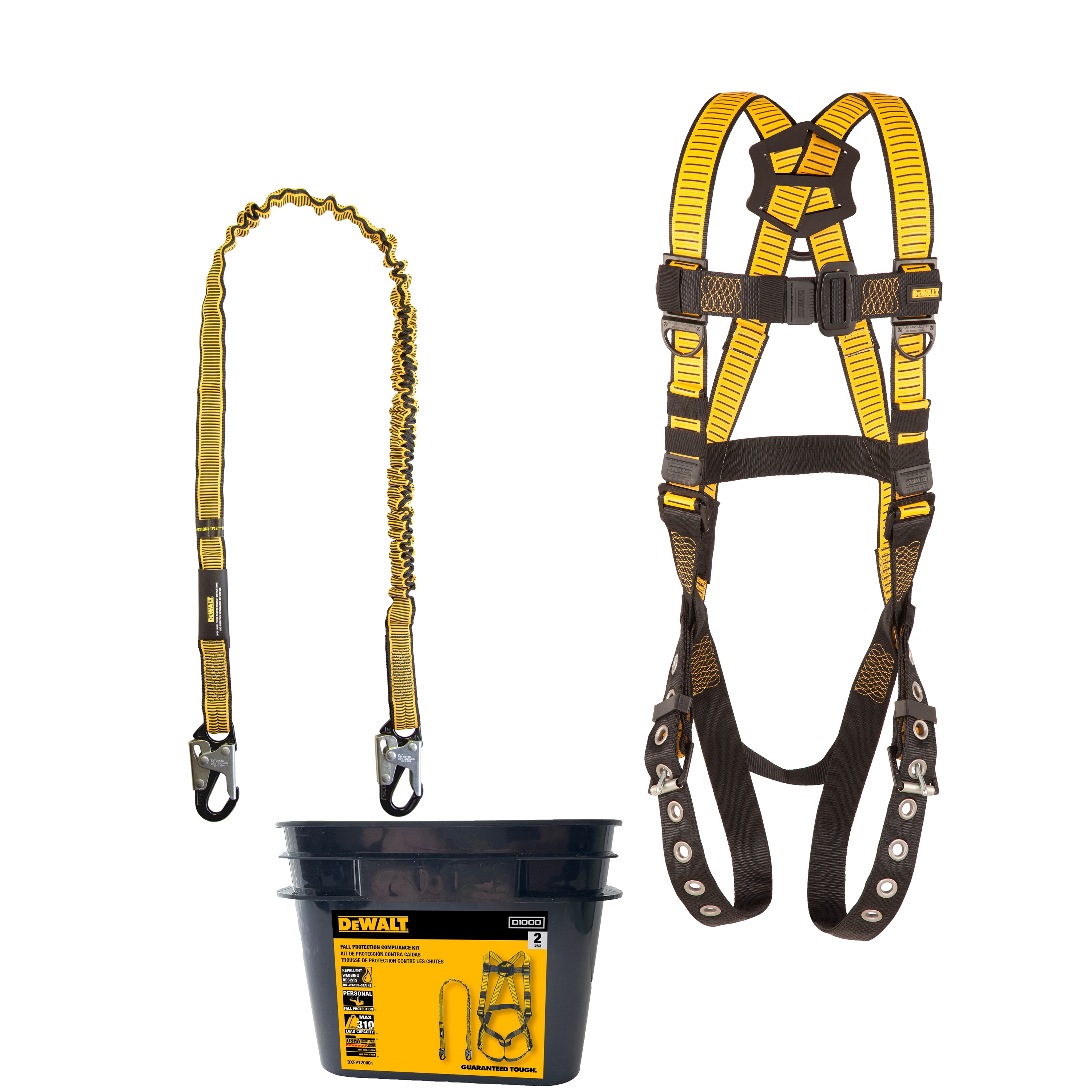 Kit de cumplimiento de protección contra caídas Dewalt que incluye arnés D1000 con piernas Tb y un amortiguador de 6 pies DXFP120001.