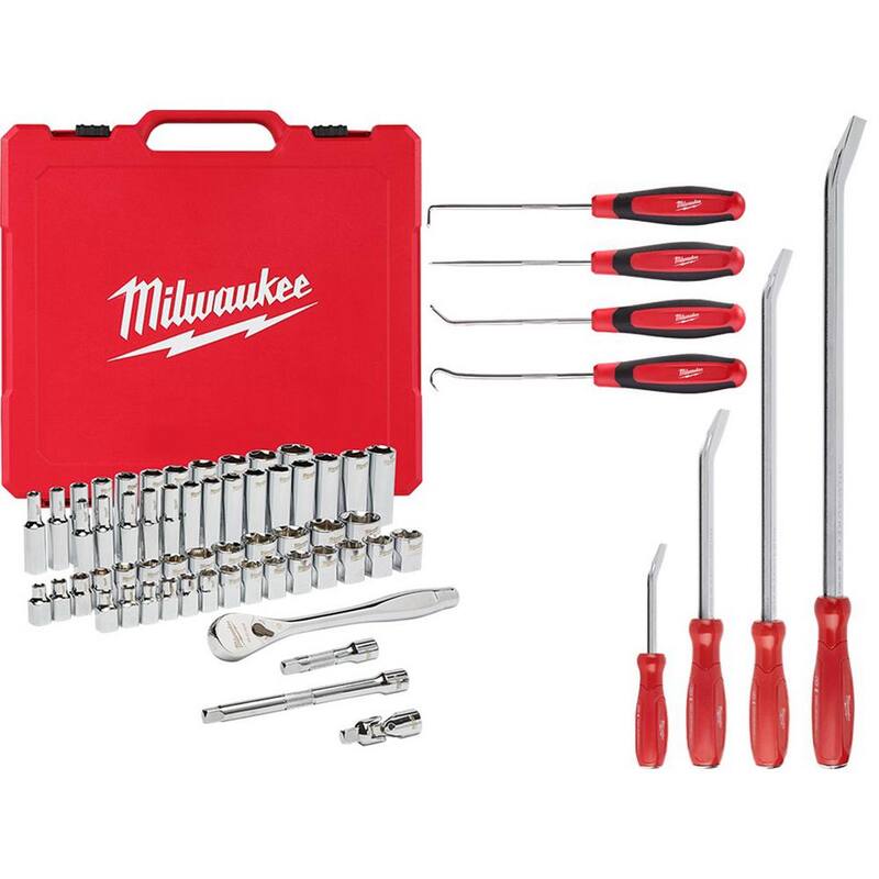 Set de herramientas mecánicas Milwaukee de 3/8 pulgadas, con trinquete SAE/Métrico y juego de dados con juegos de gancho y piqueta, y juego de barras de palanca (66 piezas) - 48-22-9008-48-22-9214-48-22-9215.