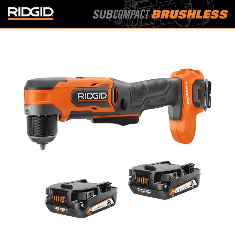 Broca angular derecha inalámbrica 3/8 pulg. con motor sin escobillas de 18V RIDGID SubCompact con (2) Baterías de iones de litio compactas de 2.0 Ah - R87701B-AC8400802P