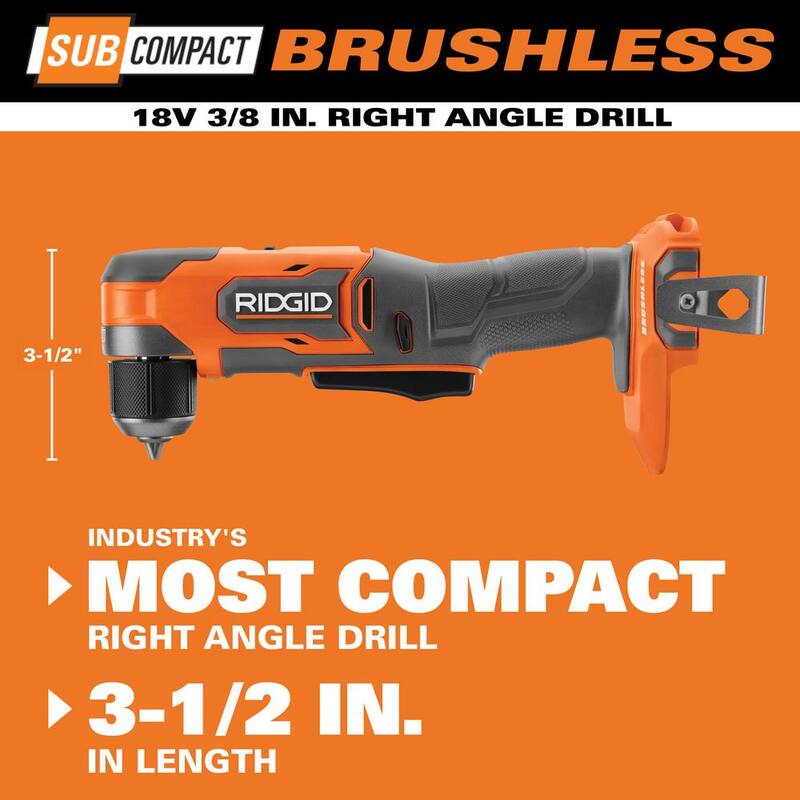 Broca angular derecha inalámbrica 3/8 pulg. con motor sin escobillas de 18V RIDGID SubCompact con (2) Baterías de iones de litio compactas de 2.0 Ah - R87701B-AC8400802P