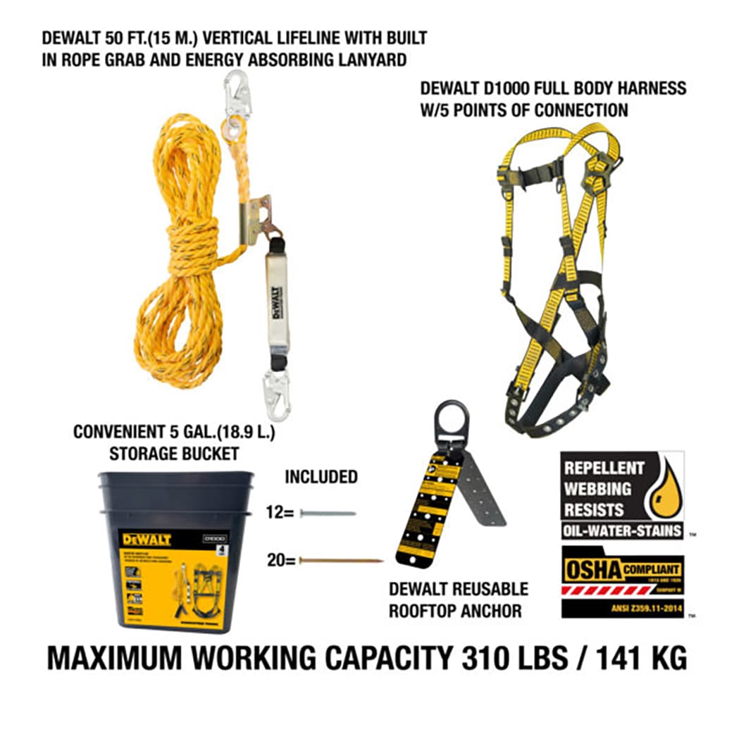 Kit de Seguridad para Techos Dewalt que incluye Arnés D1000 con Piernas Tb, Línea de Vida Vertical de 50' con Ajustador de Cuerda y Anclaje Reutilizable para Techos DXFP120050.