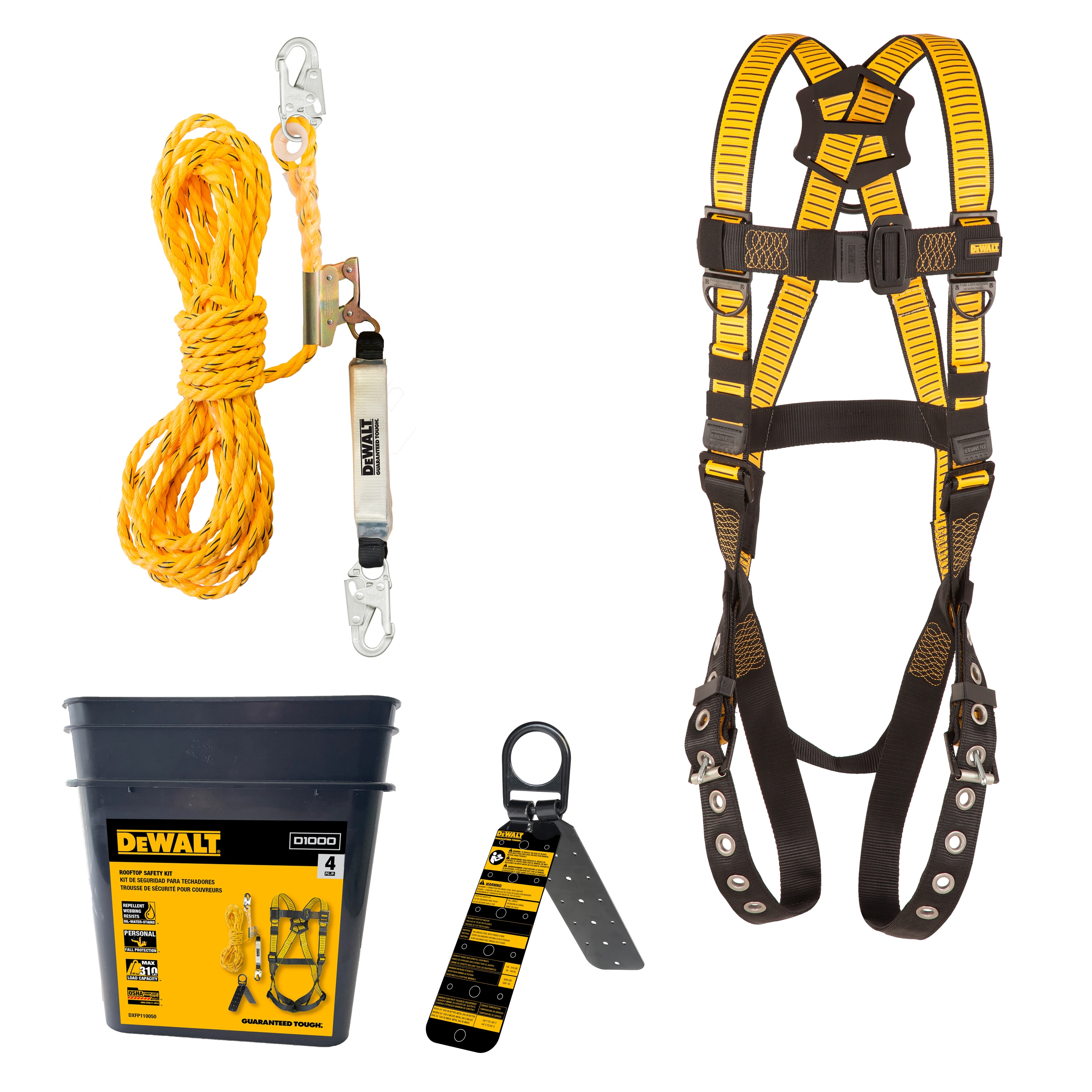Kit de Seguridad para Techos Dewalt que incluye Arnés D1000 con Piernas Tb, Línea de Vida Vertical de 50' con Ajustador de Cuerda y Anclaje Reutilizable para Techos DXFP120050.