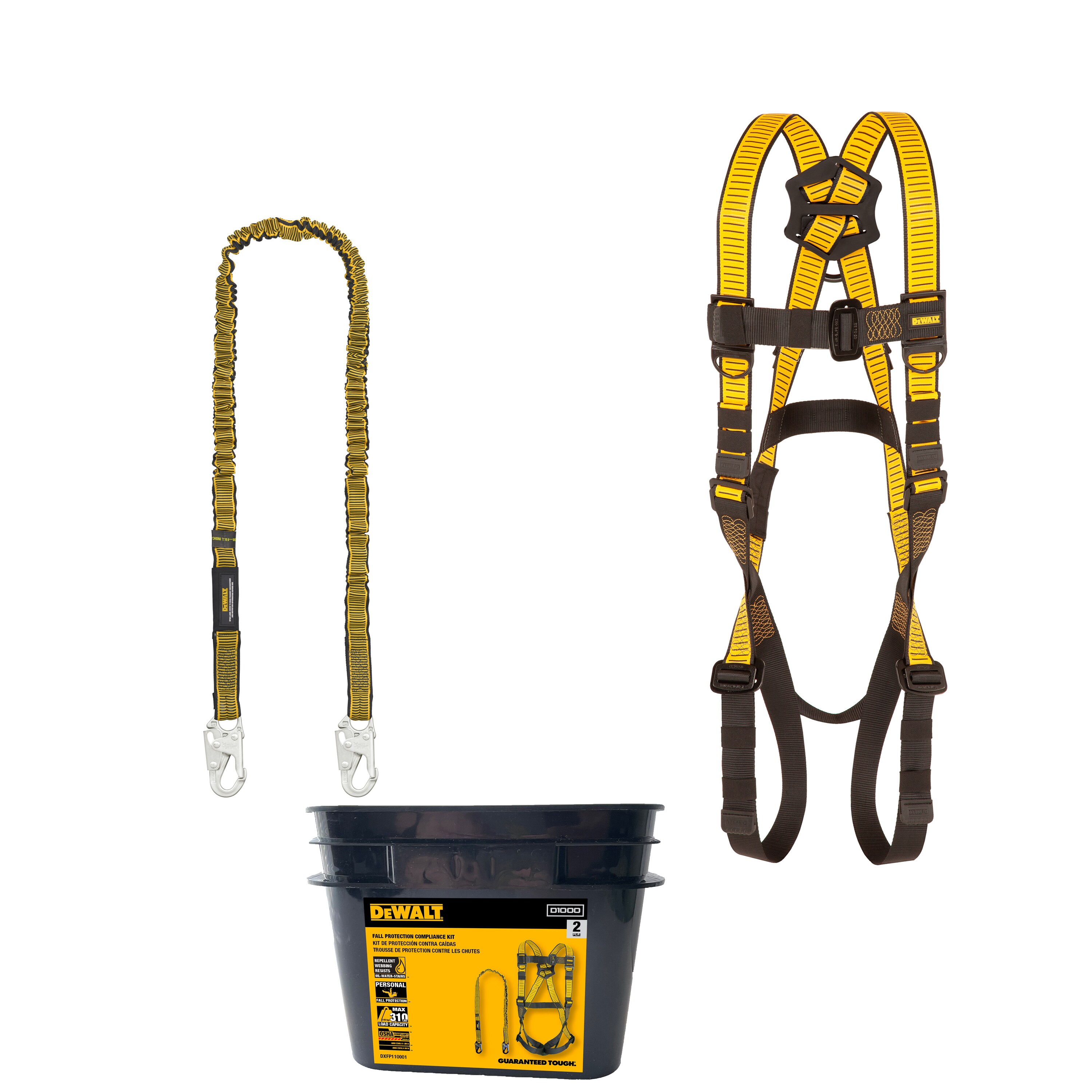 Kit de Cumplimiento de Protección contra Caídas de DEWALT Incluye Arnés D1000 con Piernas Pt y un Amortiguador de 6 pies DXFP110001