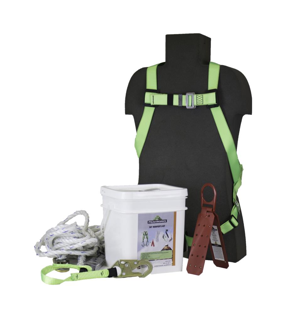 Arnés de seguridad de cuerpo completo PeakWorks con hebillas de pierna de paso a través, agarre de cuerda, línea de vida vertical de 50 pies y soporte de techo reutilizable, kit de tejado en balde, blanco/verde, ajuste universal V8257275