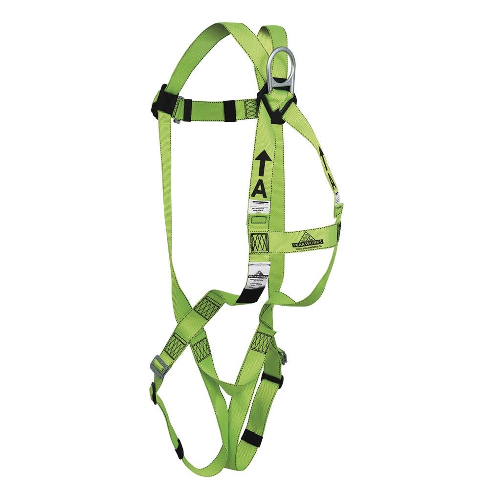 Arnés de seguridad de cuerpo completo PeakWorks con hebillas de pierna de paso a través, agarre de cuerda, línea de vida vertical de 50 pies y soporte de techo reutilizable, kit de tejado en balde, blanco/verde, ajuste universal V8257275