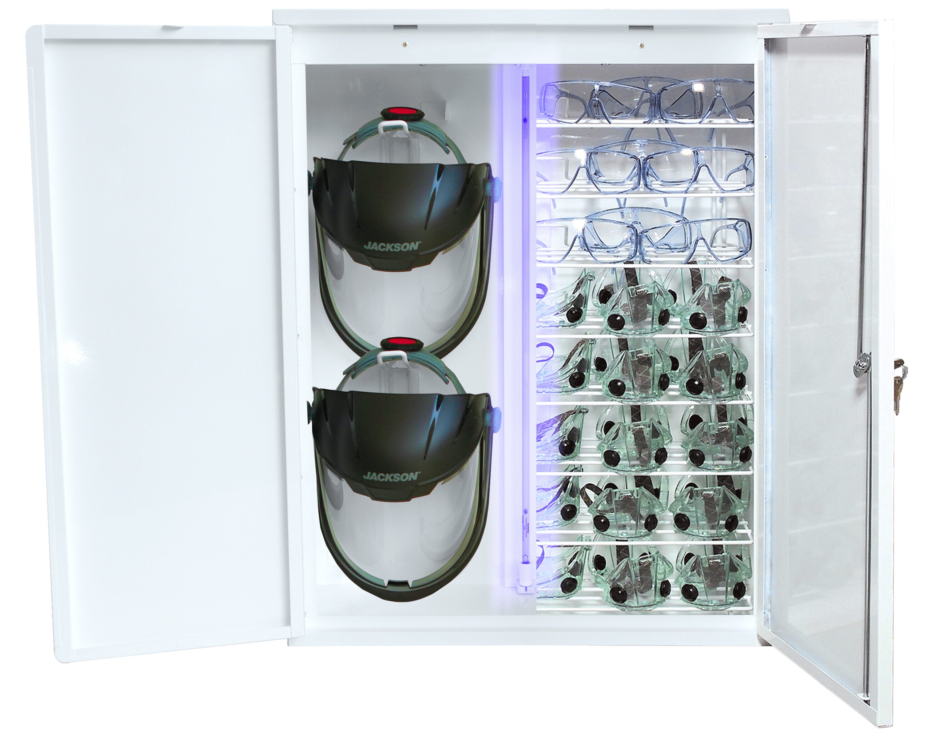 Gabinete esterilizador de anteojos de seguridad y gafas Sellstrom Monitor 2000, desinfectante de gafas y gafas protectoras germicida, tasa de eliminación del 99.4%, blanco S90494
