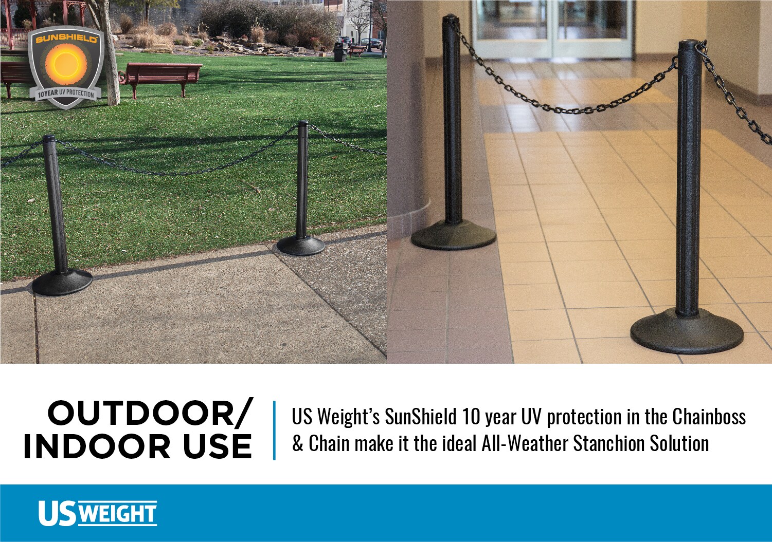 US Weight Us Weight Chain Boss Black Stanchion Featuring Sun Shield with 10' Black Plastic Chain- Weighted Bases U2006
Poste negro con cadena US Weight Chain Boss con protector solar y cadena plástica negra de 10 pies - Bases ponderadas U2006