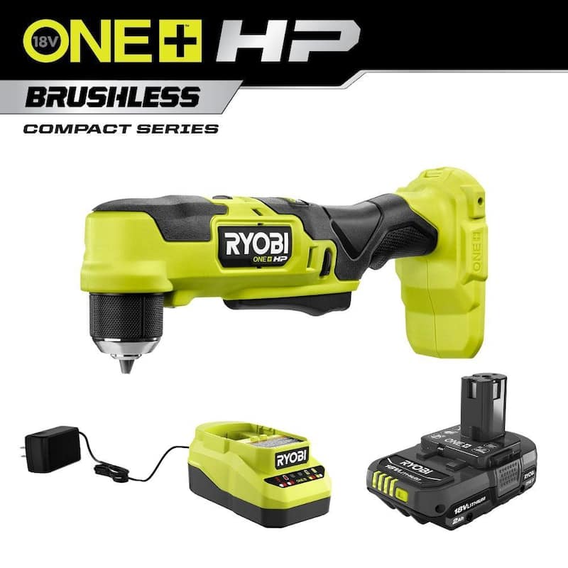 RYOBI ONE+ HP Taladro angular compacto inalámbrico sin escobillas de 18V de 3/8 pulgadas con batería de 2.0 Ah y cargador - PSBRA02B-PSK005