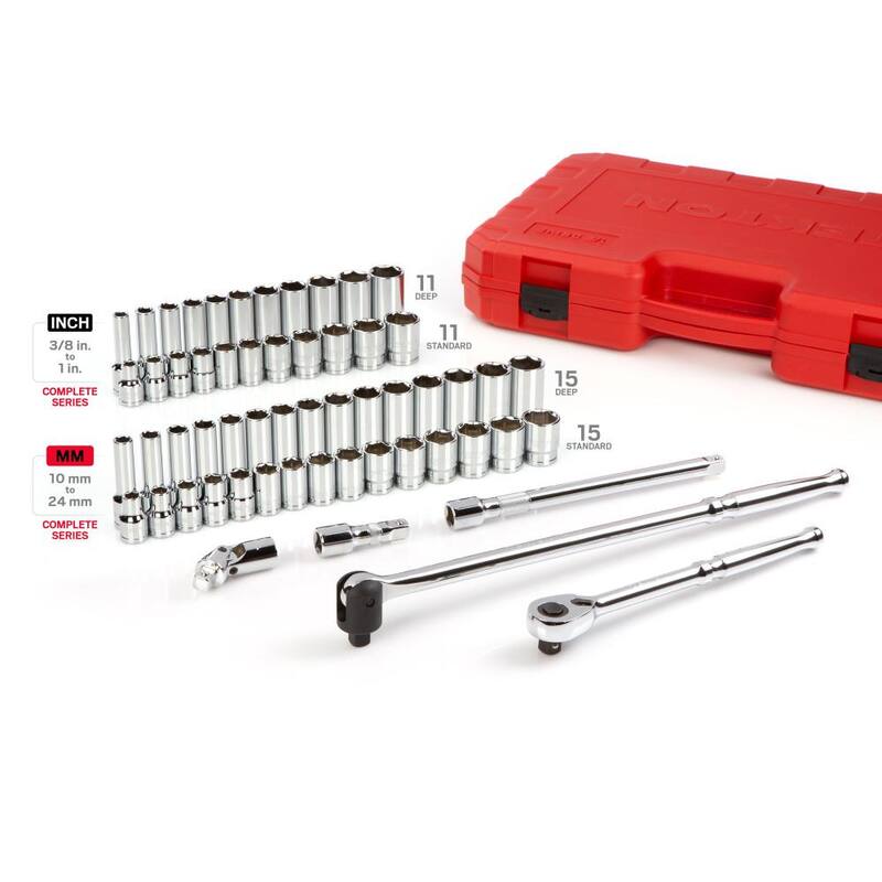 Set de Llave de Trinquete y Dados de 6 Puntas TEKTON de 1/2 pulgadas, del 3/8 al 1 pulgada, 10 mm a 24 mm (58 piezas) - SKT25301