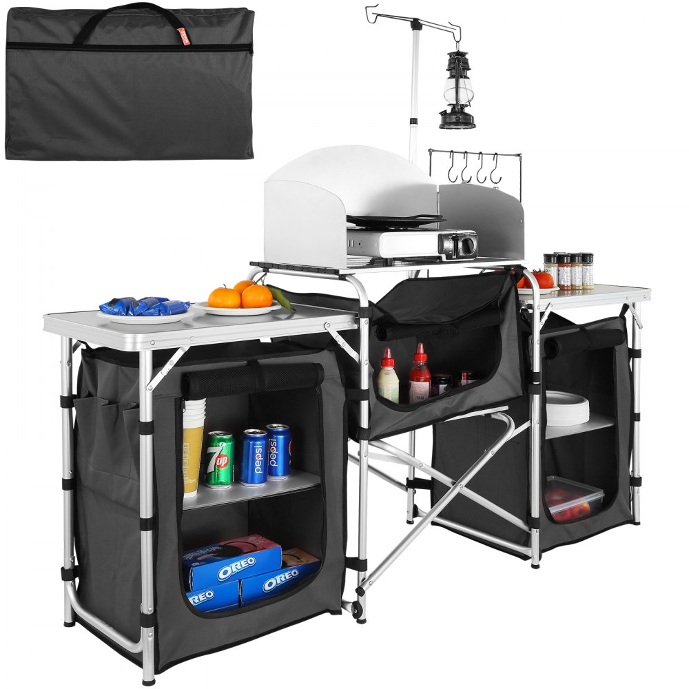 VEVOR Camping Kitchen Table, Folding Outdoor Cooking Table with Storage Carrying Bag, Aluminum Cook Station 3 Cupboard & Detachable Windscreen, Quick Set-up for Picnics, BBQ, RV Traveling, Black - DFBKYDCFHSHSBD243V0