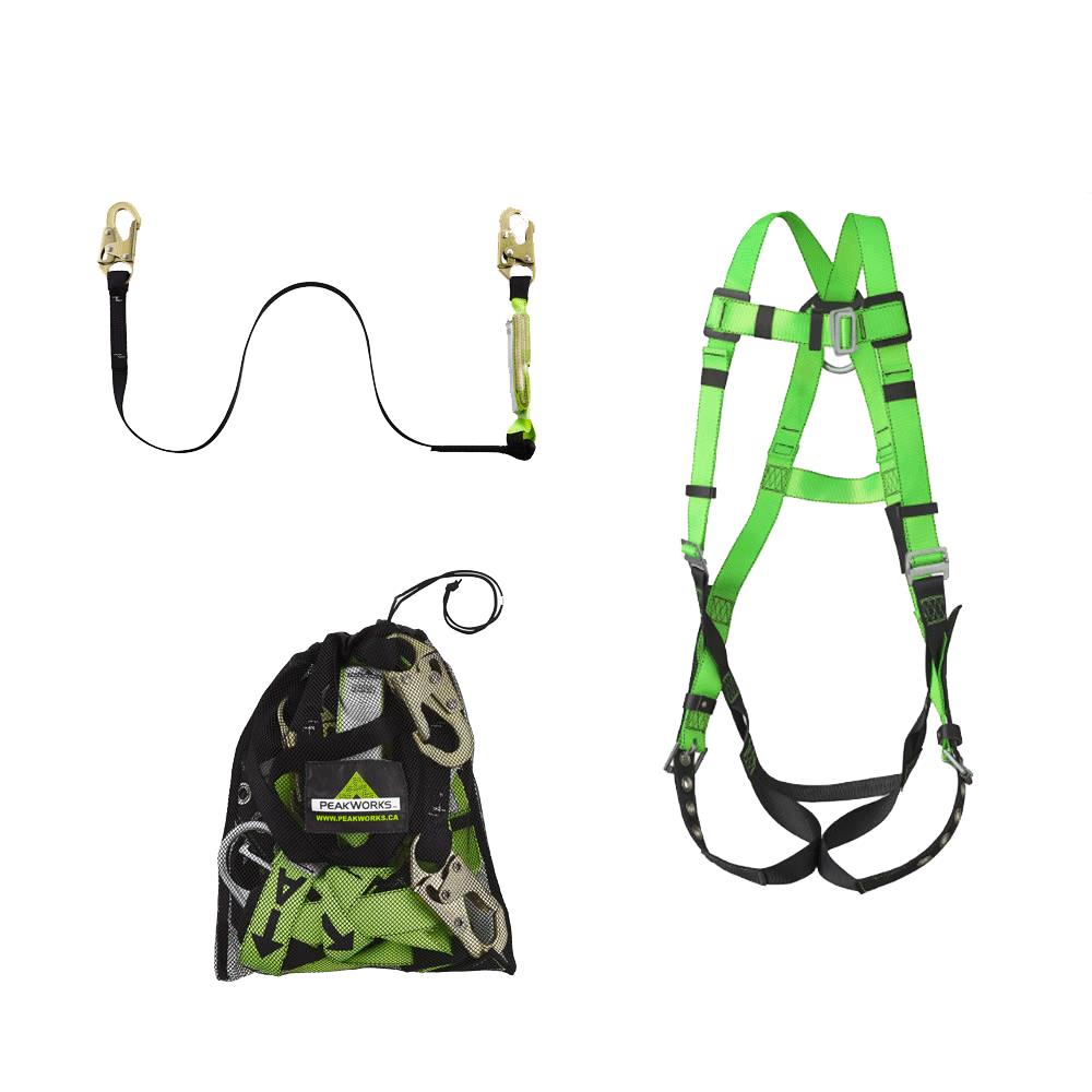 Arnés de seguridad de cuerpo completo, ajustable y ligero de PeakWorks, con cordón de 6 pies y 3 ganchos de seguridad, incluye bolsa de malla para transportar, kit de cumplimiento, en color verde, medidas de 19 pulgadas de alto, 17 pulgadas de largo y 14 pulgadas de ancho, ajuste universal V8252346.