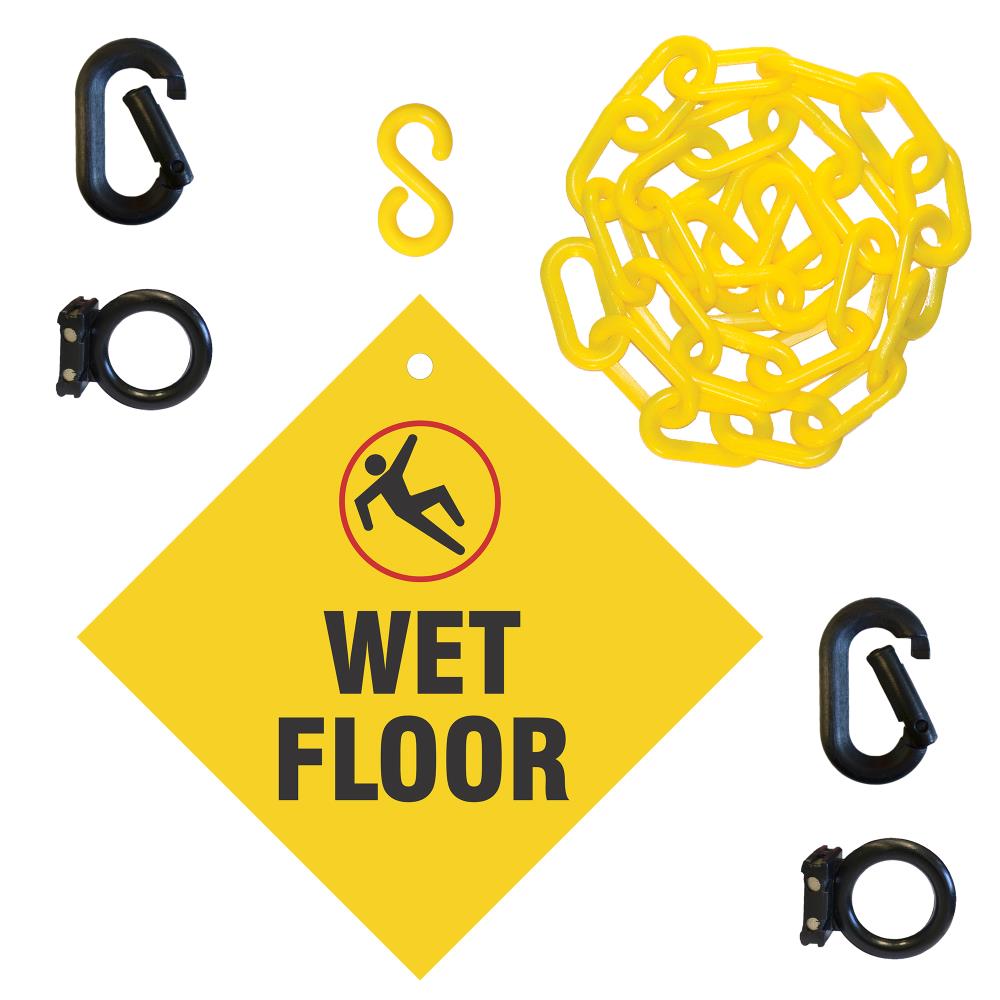 Señal de piso mojado Mr. Chain Kit 12ft - Incluye señal, anillos magnéticos, mosquetones y cadena de plástico amarillo 7412WF