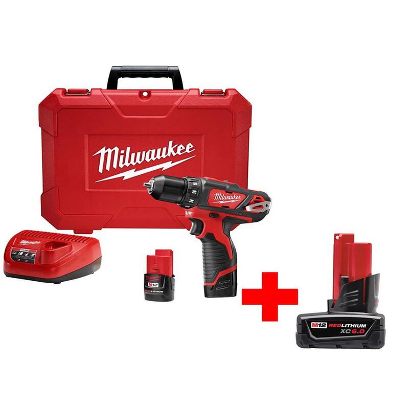 Juego de Taladro/Atornillador inalámbrico Milwaukee M12 12-Volt de Iones de Litio de 3/8 pulgadas con batería M12 6.0Ah - 2407-22-48-11-2460