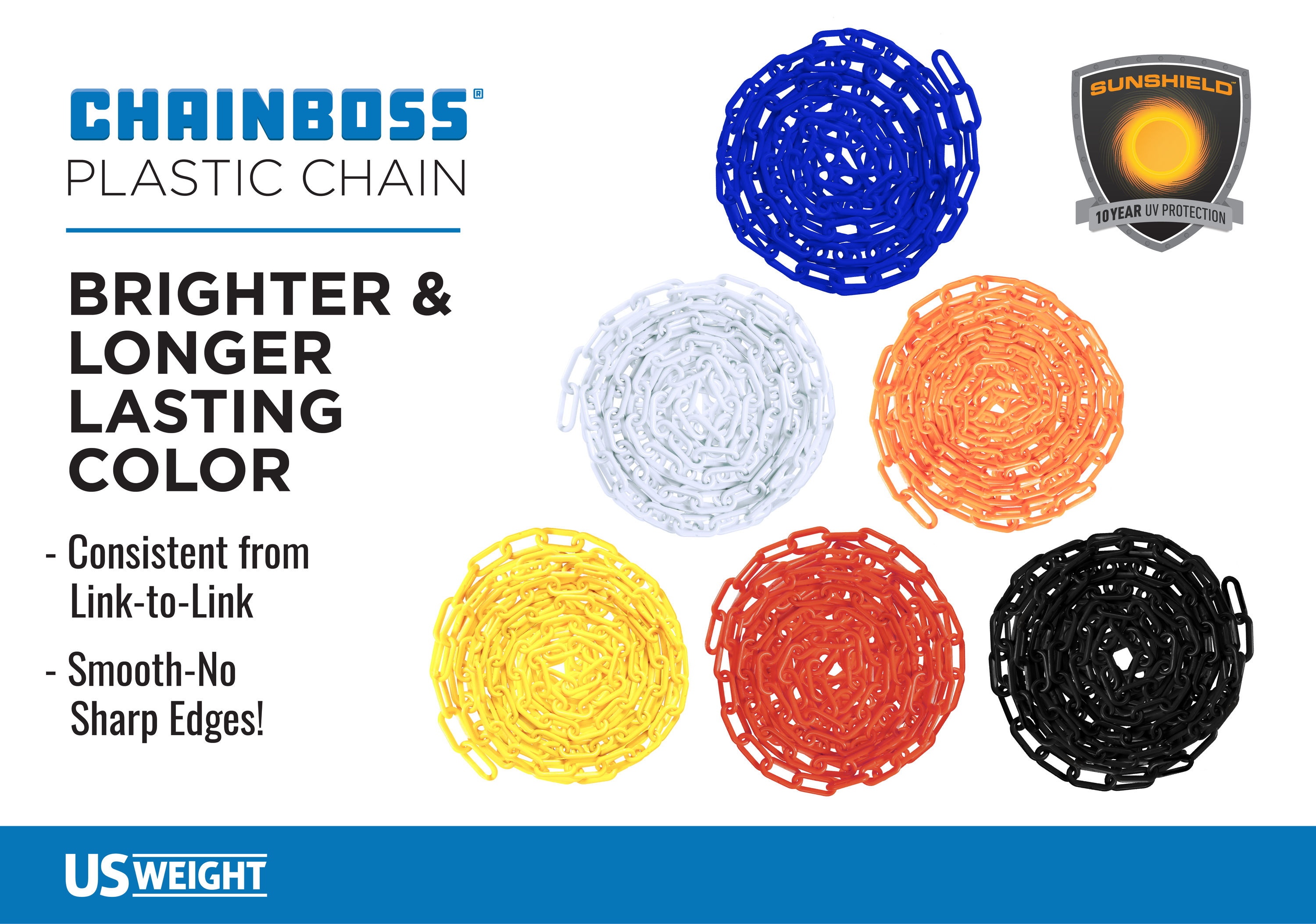 Cadena de seguridad de plástico amarillo US Weight Chain Boss con tecnología resistente a los rayos UV y protector solar - 100 pies U2351YEL