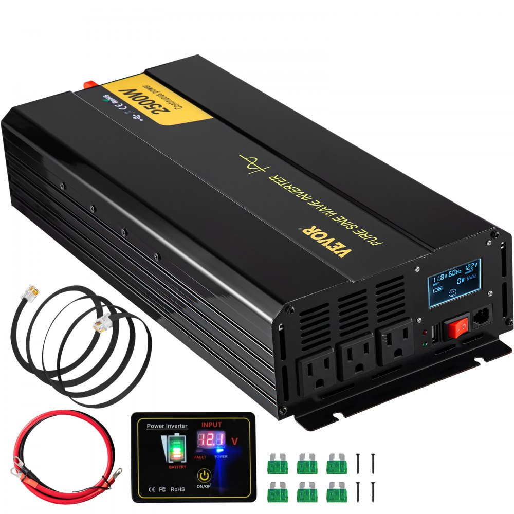 VEVOR Pure Sine Wave Inverter, 2500 Watt Power Inverter, DC 12V to AC 120V Car Inverter, with USB Port, LCD Display, and Remote Controller Power Converter, for RV Truck Car Solar System Travel Camping - CZXNBQDMKWKDDF3BRV9
