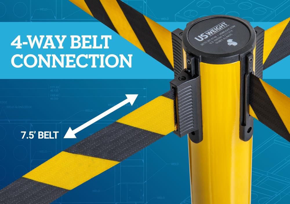 Poste de acero Premium amarillo resistente de US Weight con cinta retráctil de 7.5 pies en patrón de chevron U2104CYB