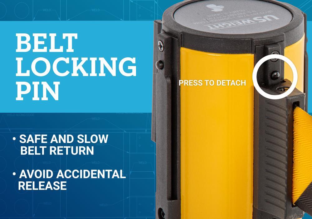 Poste de acero Premium amarillo resistente de US Weight con cinta retráctil de 7.5 pies en patrón de chevron U2104CYB