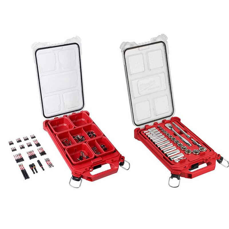 Juego de herramientas mecánicas Milwaukee de 3/8 pulgadas con ratchet y sockets en sistema SAE, junto con un set de puntas SHOCKWAVE y estuches PACKOUT (128 piezas) - 48-22-9481-48-32-4082.