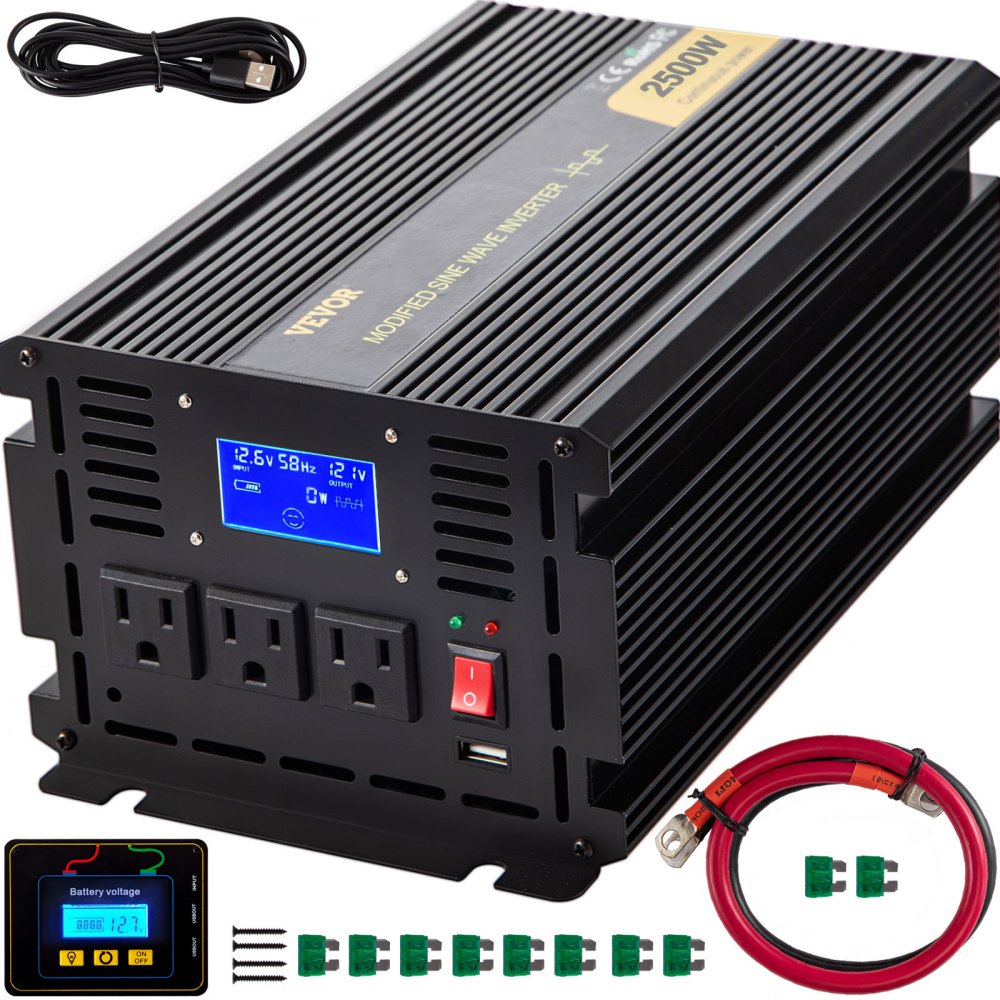 VEVOR Power Inverter, 2500W Modified Sine Wave Inverter, DC 12V to AC 120V Car Converter, with LCD Display, Remote Controller, LED Indicator, AC Outlets Inverter for Truck RV Car Boat Travel Camping - ZNB2K5-12-120BQTPV9