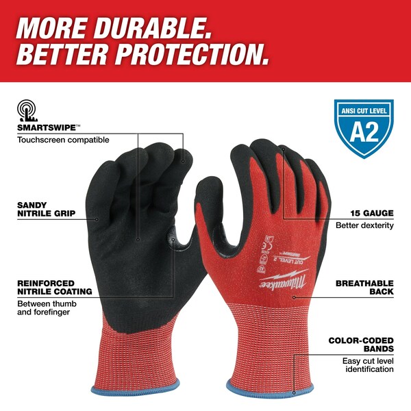 Guantes Milwaukee Tool Nitrilo con Nivel de Corte 2 - Tamaño Mediano, Nivel de Corte A2, 15 ga, Rojos, M (8) - 48-22-8926