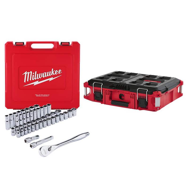 Juego de herramientas mecánicas Milwaukee de 1/2 pulg. SAE/métrico con trinquete y dados (47 piezas) con caja de herramientas PACKOUT de 22 pulg. - 48-22-9010-48-22-8424