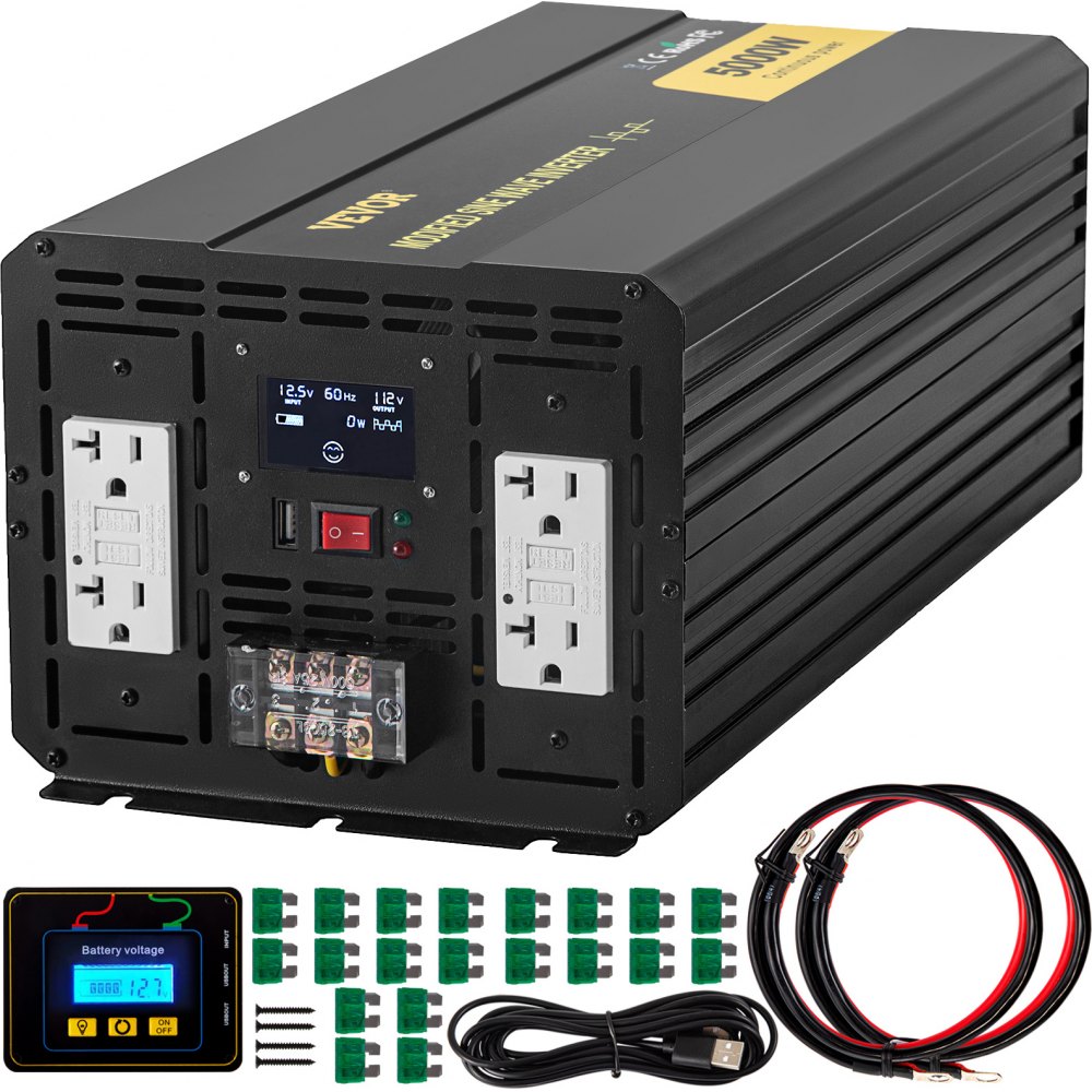 VEVOR Power Inverter, 5000W Modified Sine Wave Inverter, DC 12V to AC 110V Car Converter, with LCD Display, Remote Controller, LED Indicator, GFCI Outlets Inverter for Truck RV Car Boat Travel Camping - ZNB5KW12-110CFPDYV9