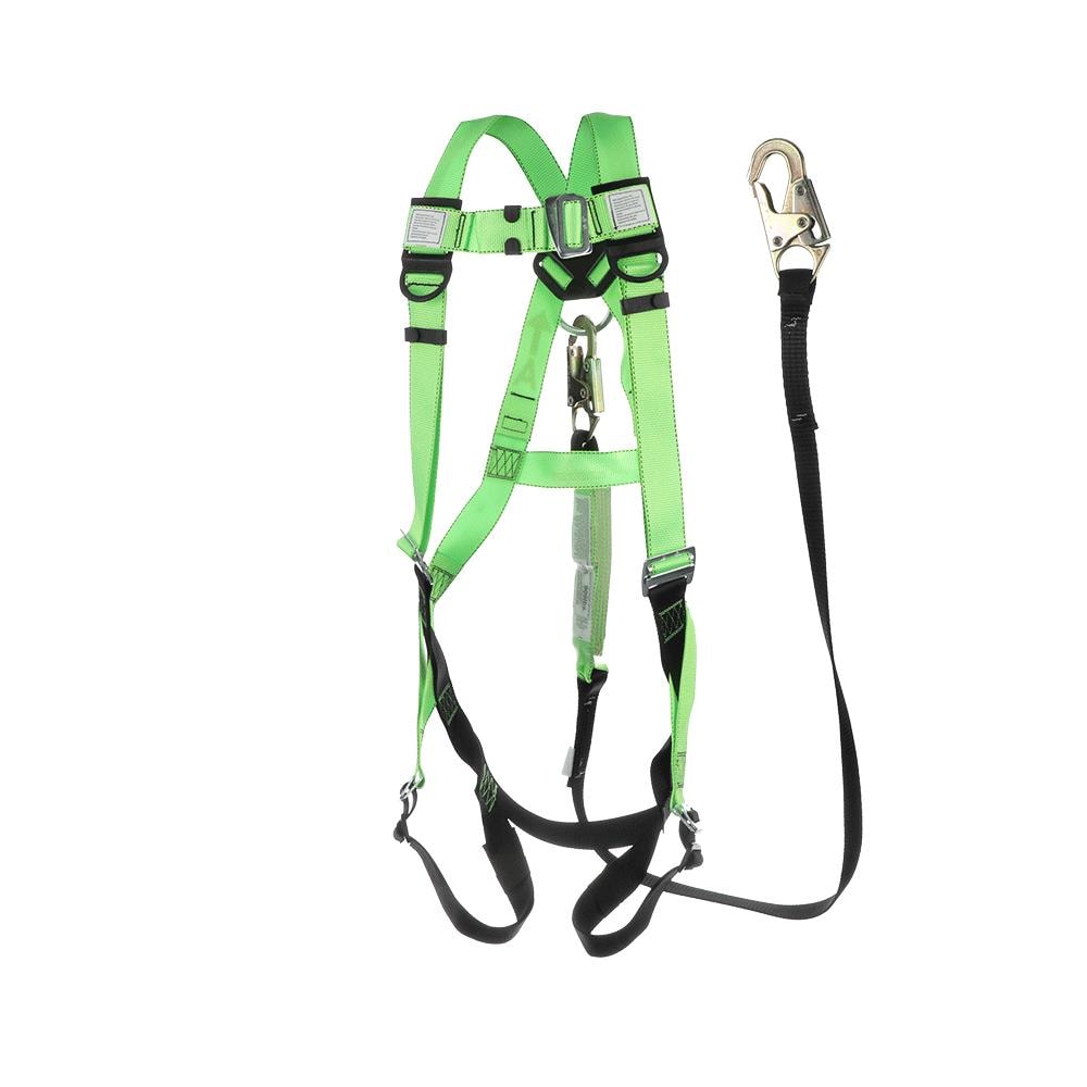 Arnés de seguridad de cuerpo completo ajustable de PeakWorks, lanyard absorbente de impacto de 6 pies con 2 ganchos de resorte y bolsa de transporte de malla, kit para contratistas, amarillo/azul, ajuste universal V8252357