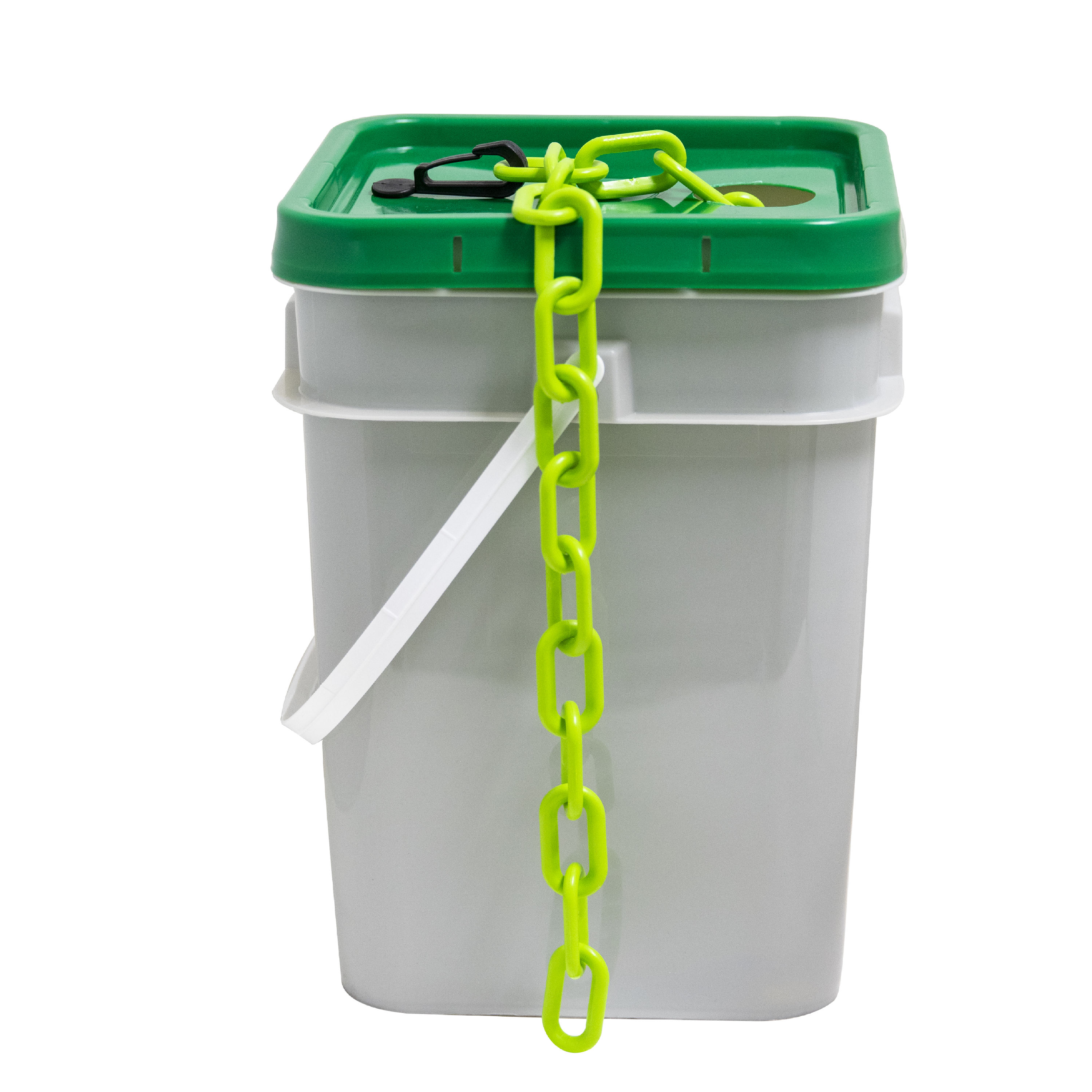 Cadena de plástico de alta resistencia en un balde, color verde de seguridad, de 2 pulgadas (54 mm) x 120 pies - Mr. Chain 51014-P
