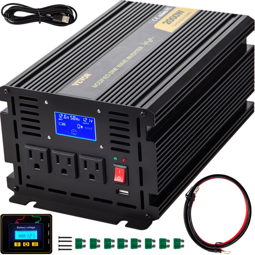 VEVOR Power Inverter, 2000W Modified Sine Wave Inverter, DC 12V to AC 120V Car Converter, with LCD Display, Remote Controller, LED Indicator, AC Outlets Inverter for Truck RV Car Boat Travel Camping - ZNB2KW-12-1200I8XV9