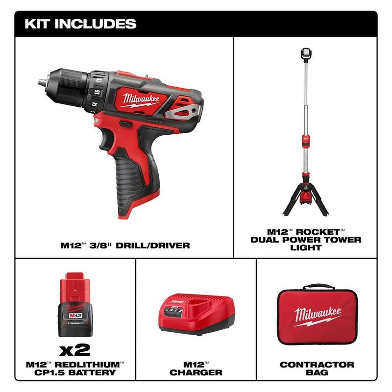 Milwaukee M12 12V Taladro/destornillador inalámbrico de 3/8 pulgadas con batería de iones de litio y kit de luz de trabajo LED ROCKET M12 de 1400 lúmenes - 2407-22-2132-20.