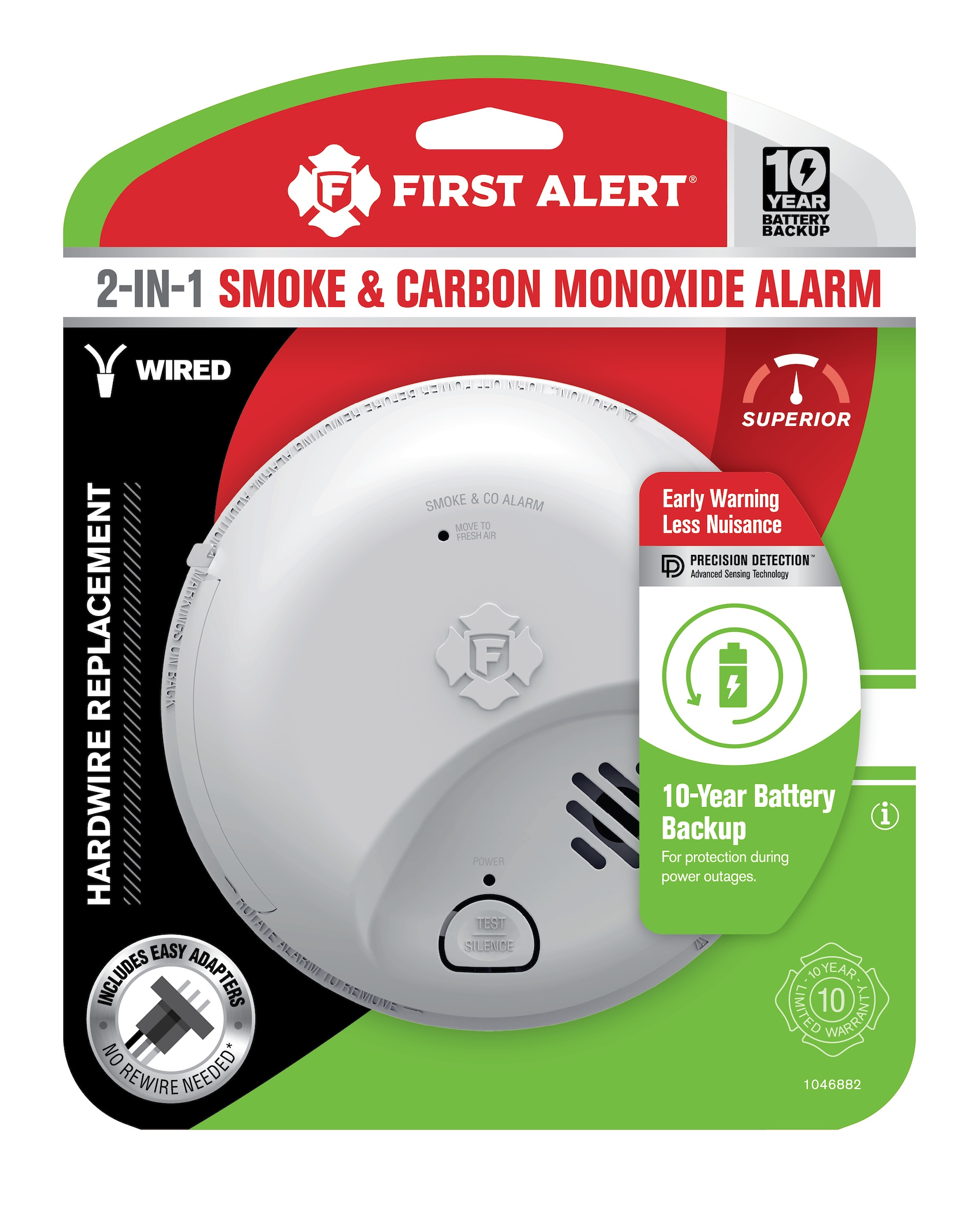 Detector de humo y monóxido de carbono interconectado de combinación con ionización, cableado duro (con respaldo de batería) y batería con una duración de 10 años de First Alert 1046882.