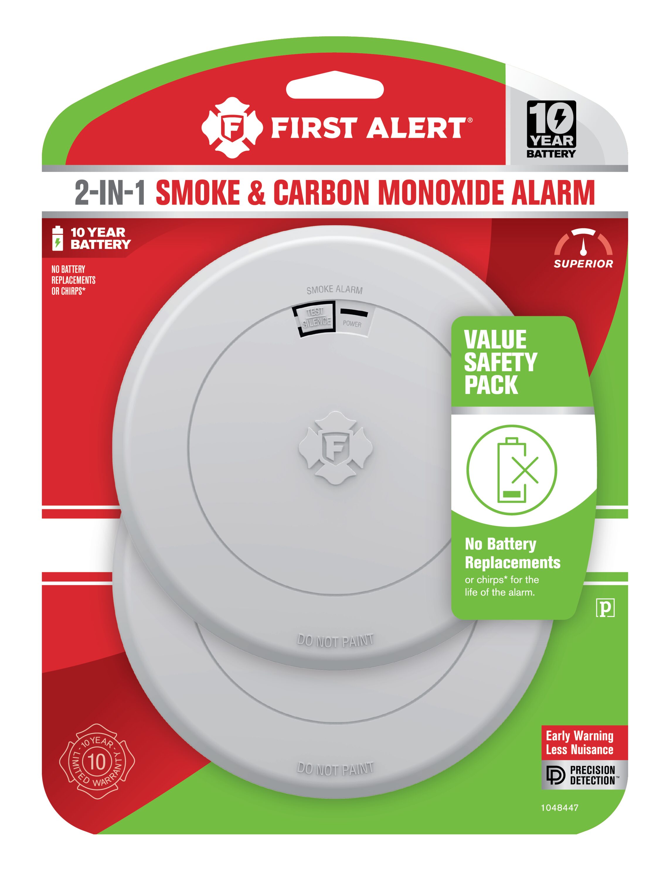 Detector de Humo y Monóxido de Carbono de Combinación Fotoeléctrico con Batería de 10 Años de First Alert, Paquete de 2