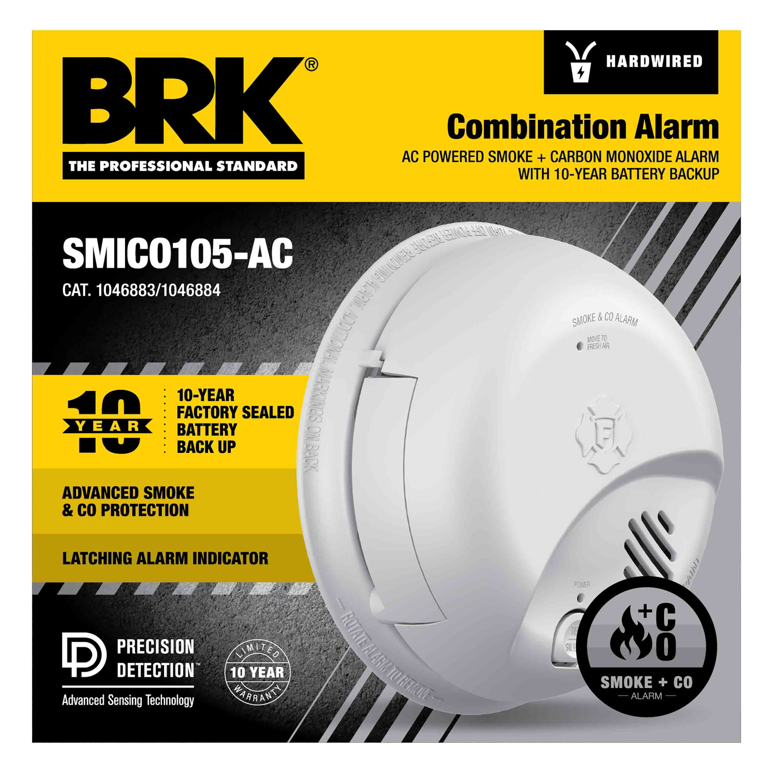 Detector de Humo y Monóxido de Carbono de Combinación de Ionización con Cableado Duro (con respaldo de batería) y Batería de 10 años de First Alert BRK 1046883