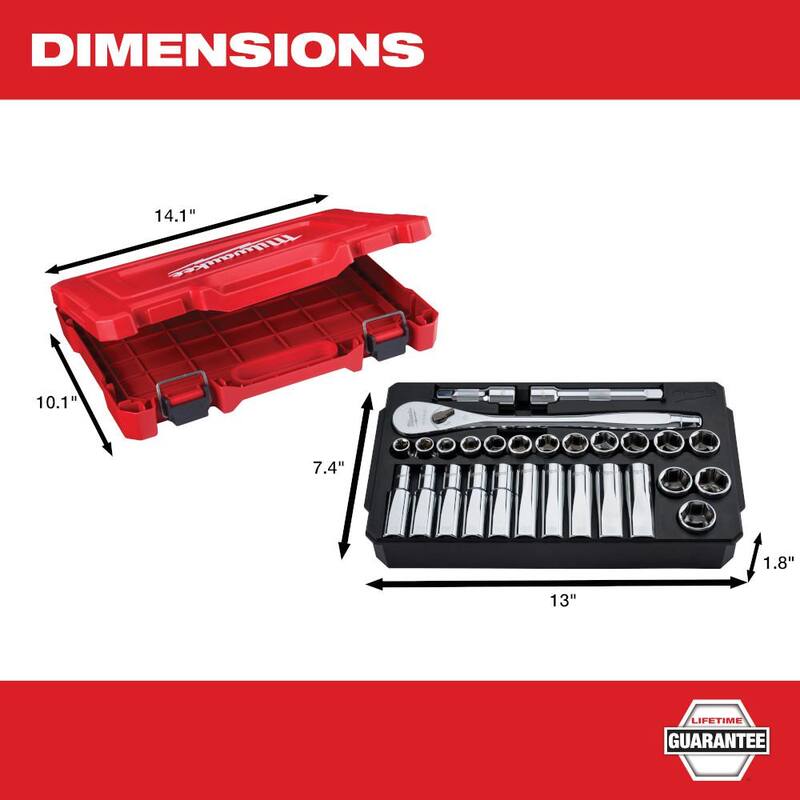 Juego de herramientas para mecánicos con trinquete de 1/2 pulgadas y juego de casquillos métricos de Milwaukee con trinquete extendido de 18 pulgadas y 90 dientes (29 piezas) - 48-22-9510-48-22-9050.